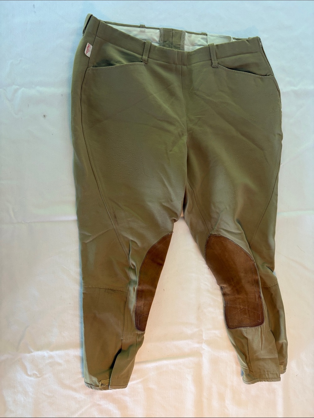 The Tailored Sportsman Olive Riding Breeches with Brown Knee Patches